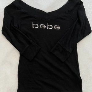 BEBE Black Off Shoulder Long Sleeve W/ Rhinestones
